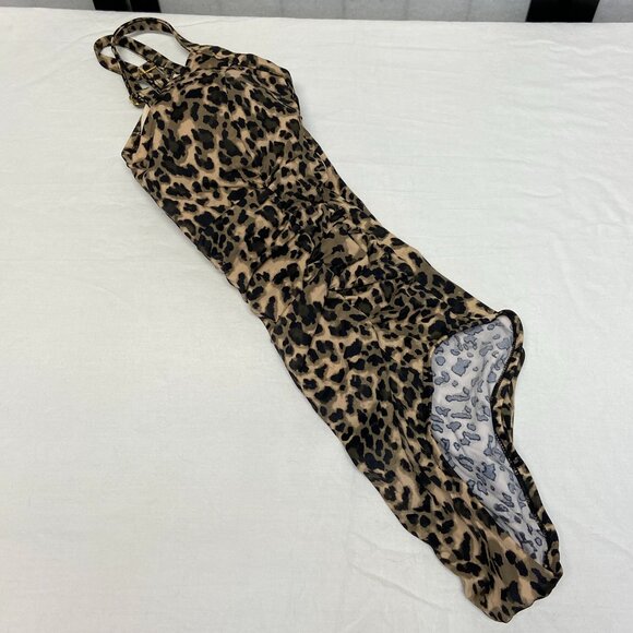 Aqua Green Shirred Side Front One Piece Low V Neck Leopard Spot Swimsuit NWT S - Picture 10 of 12